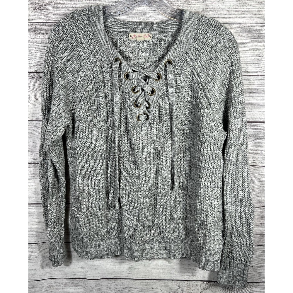It's Our Time Womens Medium Lace Up Sweater Gray Thermal Knit High Low Hem